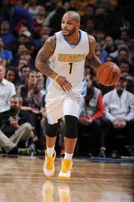 Jameer Nelson (2016) on court during a Denver Nuggets game wearing his  #1 jersey

Copyright 2016 NBAE (Photo by Noah Graham/NBAE via Getty Images)