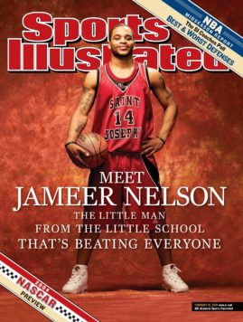 February 16, 2004 Sports Illustrated Cover: College Basketball: Portrait of St. Joseph's point guard Jameer Nelson (14) during photo shoot on St. Joseph's University campus. 
Philadelphia, PA 2/6/2004

CREDIT: Al Tielemans (Photo by Al Tielemans /Sports Illustrated/Getty Images)